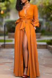 Orange Yellow Elegant Solid Color Buttons Ruched Strap Design V Neck Long Dresses