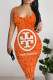Orange Sexy Geometric Print Letters Contrast U Neck Printed Dresses