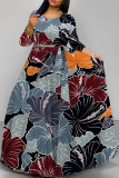 Khaki Elegant Floral Print Pocket With Belt Contrast O Neck Printed Dresses