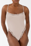 Grey Daily Solid Color Lace Patchwork Spaghetti Strap Skinny Bodysuits