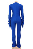 Blue Casual Solid Color Patchwork Deep V Neck Skinny Jumpsuits