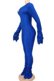Blue Casual Solid Color Patchwork Deep V Neck Skinny Jumpsuits