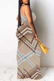Orange Casual Plaid Striped Print Gradient Contrast O Neck Long Dresses