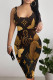 Dark Coffee Sexy Letter Print Contrast U Neck Printed Dresses