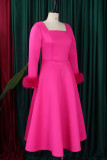 Rose Red Elegant Solid Color Patchwork Zipper Square Neck A Line Dresses