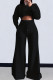 Black Casual Solid Color Draw String Pocket Patchwork O Neck Long Sleeve Two Pieces