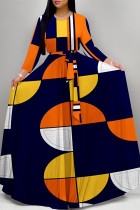 Orange Elegant Floral Print Pocket With Belt Contrast O Neck Printed Dresses