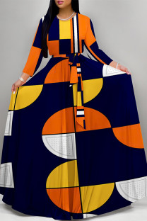 Orange Elegant Floral Print Pocket With Belt Contrast O Neck Printed Dresses