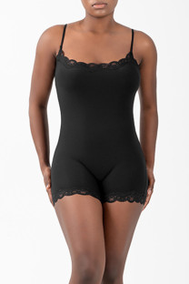Black Sportswear Solid Color Lace Patchwork Spaghetti Strap Skinny Rompers