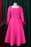 Rose Red Elegant Solid Color Patchwork Zipper Square Neck A Line Dresses