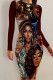 Dark Brown Casual Cartoon Print Contrast O Neck Printed Dresses