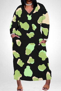 Black Casual Geometric Print Snakeskin Print Pocket Contrast V Neck Printed Plus Size Dresses