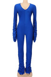 Blue Casual Solid Color Patchwork Deep V Neck Skinny Jumpsuits