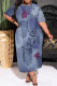 Blue Gray Casual Faux Denim Print Pocket Contrast O Neck Printed Plus Size Dresses