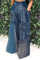 Medium Blue Casual Faux Denim Print Pocket Contrast Loose High Waist Wide Leg Full Print Bottoms