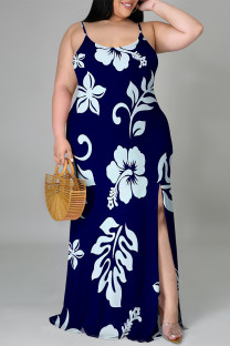 Navy Blue Sexy Flowers Print Slit Contrast U Neck Printed Plus Size Dresses
