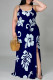 Navy Blue Sexy Flowers Print Slit Contrast U Neck Printed Plus Size Dresses