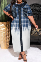 Blue White Casual Faux Denim Print Pocket Contrast O Neck Printed Plus Size Dresses
