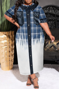 Blue White Casual Faux Denim Print Pocket Contrast O Neck Printed Plus Size Dresses
