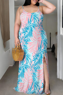 Blue Pink Casual Print Patchwork Slit Spaghetti Strap Sling Plus Size Dresses