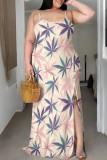 Orange Green Casual Print Patchwork Slit Spaghetti Strap Sling Plus Size Dresses