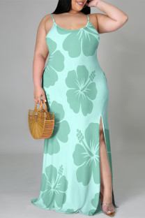 Lake Blue Sexy Flowers Print Slit Contrast U Neck Printed Plus Size Dresses