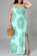 Lake Blue Sexy Flowers Print Slit Contrast U Neck Printed Plus Size Dresses