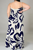 Rose Red Sexy Flowers Print Slit Contrast U Neck Printed Plus Size Dresses