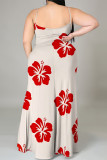 Rose Red Sexy Flowers Print Slit Contrast U Neck Printed Plus Size Dresses