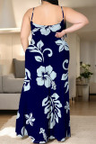 Rose Red Sexy Flowers Print Slit Contrast U Neck Printed Plus Size Dresses