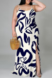 Rose Red Sexy Flowers Print Slit Contrast U Neck Printed Plus Size Dresses