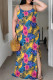 Yellow And Blue Casual Print Patchwork Slit Spaghetti Strap Sling Plus Size Dresses