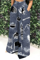 Blue Black Casual Faux Denim Print Pocket Contrast Loose High Waist Wide Leg Full Print Bottoms