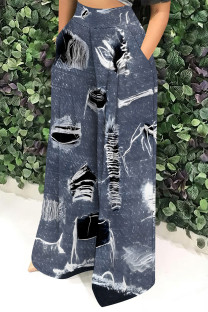 Blue Black Casual Faux Denim Print Pocket Contrast Loose High Waist Wide Leg Full Print Bottoms
