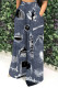 Blue Black Casual Faux Denim Print Pocket Contrast Loose High Waist Wide Leg Full Print Bottoms