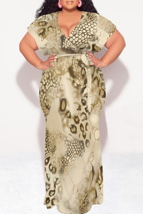 Beige Sexy Snakeskin Print Leopard With Belt Contrast V Neck Printed Plus Size Dresses