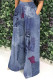 Gray Blue Casual Faux Denim Print Pocket Contrast Loose High Waist Wide Leg Full Print Bottoms