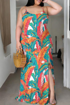 Orange Green Casual Print Patchwork Slit Spaghetti Strap Sling Plus Size Dresses