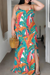 Orange Green Casual Print Patchwork Slit Spaghetti Strap Sling Plus Size Dresses