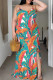 Orange Green Casual Print Patchwork Slit Spaghetti Strap Sling Plus Size Dresses