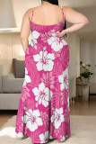Rose Red Sexy Flowers Print Slit Contrast U Neck Printed Plus Size Dresses