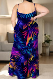 Orange Green Casual Print Patchwork Slit Spaghetti Strap Sling Plus Size Dresses