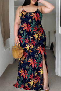 Red Green Casual Print Patchwork Slit Spaghetti Strap Sling Plus Size Dresses