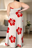 Rose Red Sexy Flowers Print Slit Contrast U Neck Printed Plus Size Dresses