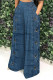 Blue Casual Faux Denim Print Pocket Contrast Loose High Waist Wide Leg Full Print Bottoms