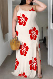 Rose Red Sexy Flowers Print Slit Contrast U Neck Printed Plus Size Dresses