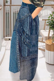 Gray Blue Casual Faux Denim Print Pocket Contrast Loose High Waist Wide Leg Full Print Bottoms