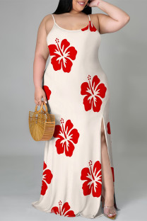 Red Sexy Flowers Print Slit Contrast U Neck Printed Plus Size Dresses