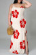 Red Sexy Flowers Print Slit Contrast U Neck Printed Plus Size Dresses