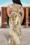 White Sexy Snakeskin Print Leopard With Belt Contrast V Neck Printed Plus Size Dresses
